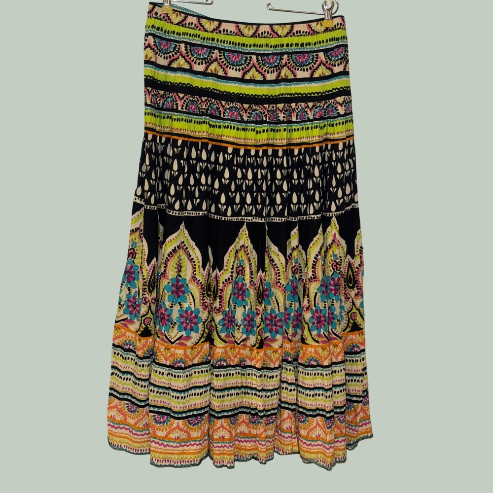 Phool Womens Boho Cotton Sequin Maxi Skirt Multi Color Floral Paisley Size M
